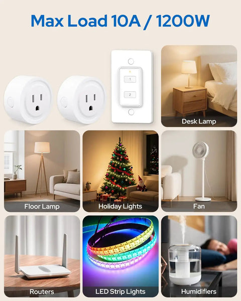 Two Pack Mini Wireless Remote Outlet Plug Adapter With Remote 2 Channel Wall Switch shown with various home appliances.
