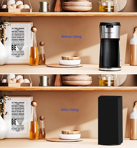 Top image shows Keurig K Slim coffee maker; bottom image shows it covered with Water Resistant Dust Cover Cap For Keurig K Slim Single Serve K Cup Coffee Maker With Heavy Duty 600D Nylon Fabric Keeps Dust Moisture Out And Your Coffee Game Looking Fresh And Ready Everyday.