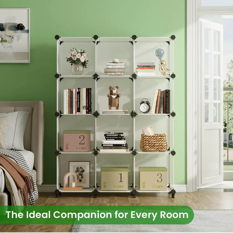 Closet Organizer 12 Cube Storage System With Rubber Mallet Portable Shelves in living room with books and decor.