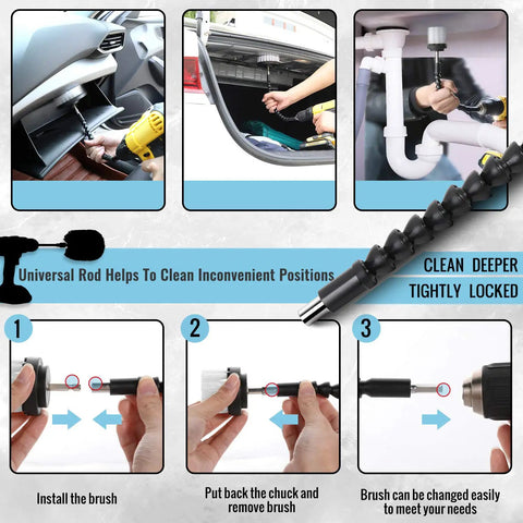 16 Pc Drill Brush Car Detailing Kit With Soft Bristle Scrubber And Extend Attachment in use for car interior, trunk, and bathroom pipe cleaning.