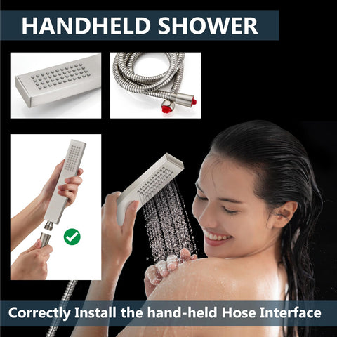 Ceiling Mount Rain Shower System With 10 Inch Shower Head And Handheld Spray High Pressure Faucet Set featuring handheld.