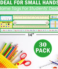 Durable 30 Pack Spanish Desk Nameplates Waterproof 4X14 Inch Name Tags For Classroom Use displayed with school supplies.