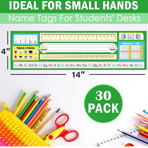 Durable 30 Pack Spanish Desk Nameplates Waterproof 4X14 Inch Name Tags For Classroom Use displayed with school supplies.