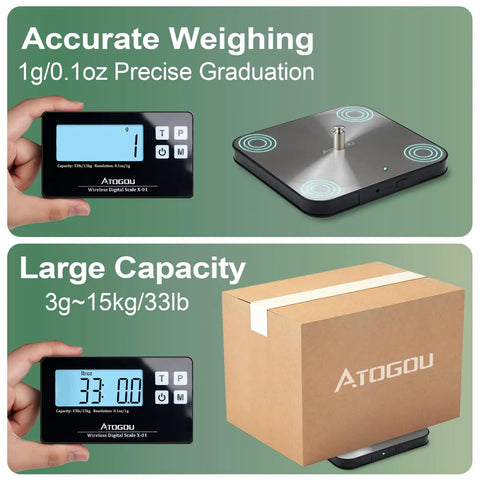 Wireless Kitchen Scale With Remote Display And 33 Lb Capacity, Precise 1 g And 0.1 oz Graduation, shown with box and display