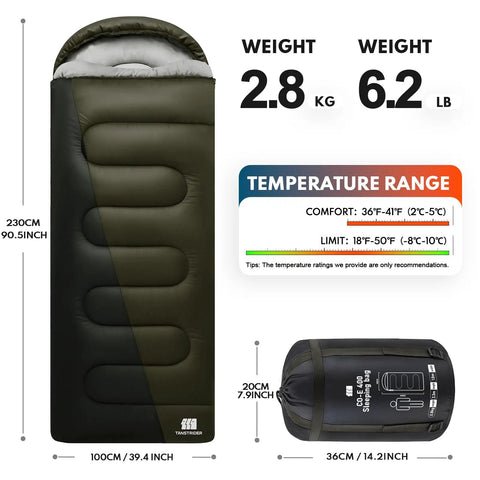 XXL Winter Sleeping Bag For Adults And Kids, 4 Season Cold Weather Camping Gear With Compression Sack, Cozy Draft Collar