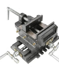 Fabater Drill Press Vise Heavy Duty Steel Construction With Heightened And Widened Jaws For Superior Clamping Force Secure Machinist Vice viewed from the side showing jaws and clamps.