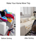 Left: Messy clothes on white sofa; Right: Tidy room with Heavy Duty Mesh Laundry Bags Set 24 x 36 Inches Drawstring Closure Black 2 Pack filled.