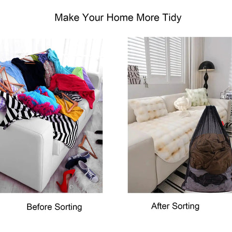 Left: Messy clothes on white sofa; Right: Tidy room with Heavy Duty Mesh Laundry Bags Set 24 x 36 Inches Drawstring Closure Black 2 Pack filled.