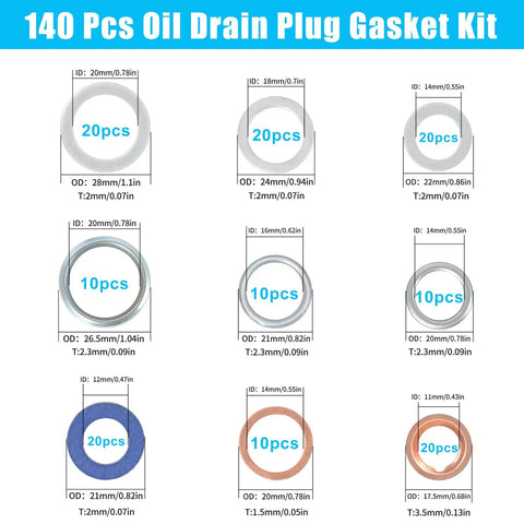 140 Piece Oil Drain Plug Gasket Set, Crush Washer Seals Kit for Toyota, Honda, Subaru, VW, Audi, various sizes shown