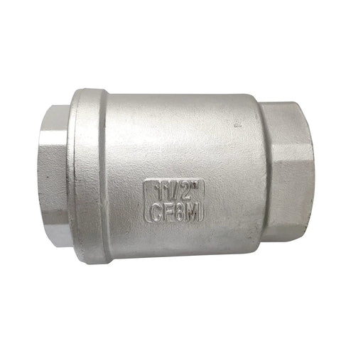 Vertical check valve side view, 1-1/2 in CF8M stainless steel, inline, spring-loaded