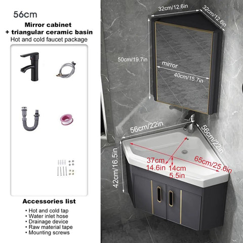 No Sweat Modern Wall Mount Bathroom Sink With Floating Vanity Cabinet And Bright Silver Faucet, Super Solid Space Saving Corner Basin showing triangular basin and mirror cabinet.