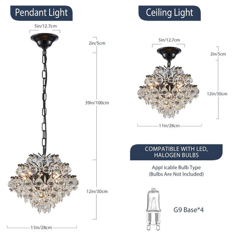 Chrome Modern Pendant Chandelier With Crystal Raindrop Lighting and dimensions for Dining Room Living Room Bedroom and Bathroom