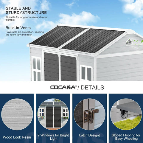 Image showcasing details of 8x6 Ft Resin Storage Shed With Floor, Waterproof Outdoor Tool Shed, Lockable Door And Two Windows.