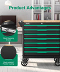 7 Drawer Tool Chest With Wood Top Locking Rolling Cabinet On Wheels For Garage And Workshop Central Locking System With One Key Keeps All Drawers Secure Durable Black And Green Cabinet For Mechanics And DIYers, front view