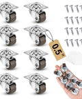 Tiny Half Inch Caster Wheels Set With 360 Degree Swivel Low Profile Plate Casters, Quiet Rubber Wheels, screws, and hand holding wheels