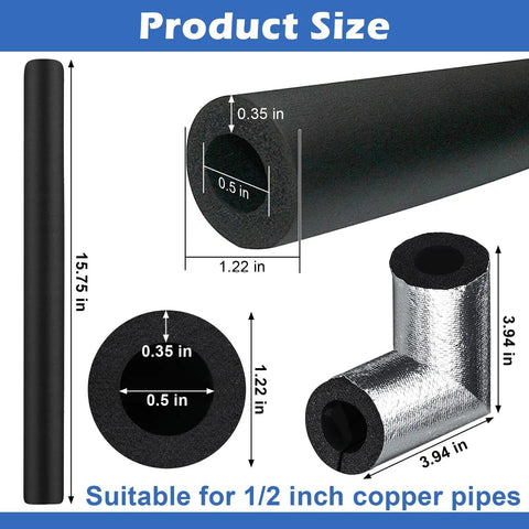 Foam Pipe Insulation Kit With Aluminum Foil Shield, 8 Pieces Including Long Tubes And Elbows, diagram showing dimensions for 1/2 inch pipes