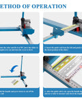 Manual DIN Rail Cutter with Double Groove and 50 CM Scale shown in operation, illustrating the cutting steps and scale ruler.