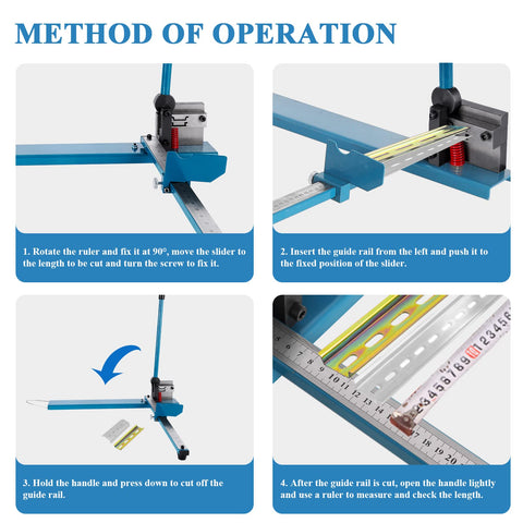Manual DIN Rail Cutter with Double Groove and 50 CM Scale shown in operation, illustrating the cutting steps and scale ruler.