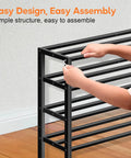 Person assembling Heavy Duty 5 Tier Metal Shoe Rack Organizer For Garage And Entryway, Stackable Shoe Storage with steel frame