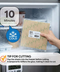 468MP Double Sided Adhesive Transfer Tape Sheets 8 By 8 Inches being placed in freezer for easy cutting, tip shown