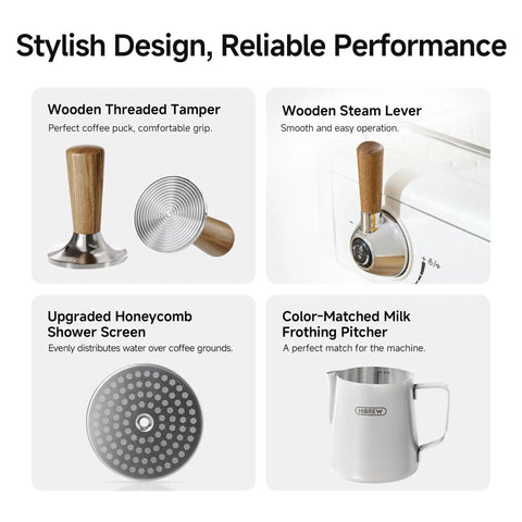 Programmable Espresso Machine With 58mm Stainless Steel Portafilter Adjustable Temperature And Cup Size Smart Display And Pressure Gauge Up To 20 Bar For Barista Grade Shots At Home with wooden tamper, steam lever, milk pitcher, and shower screen.