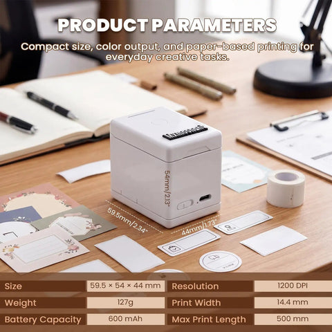 Straight To Point Color Handheld Printer For Paper And Cardstock With Guided Edge Ruler, compact design with labels and stationery.