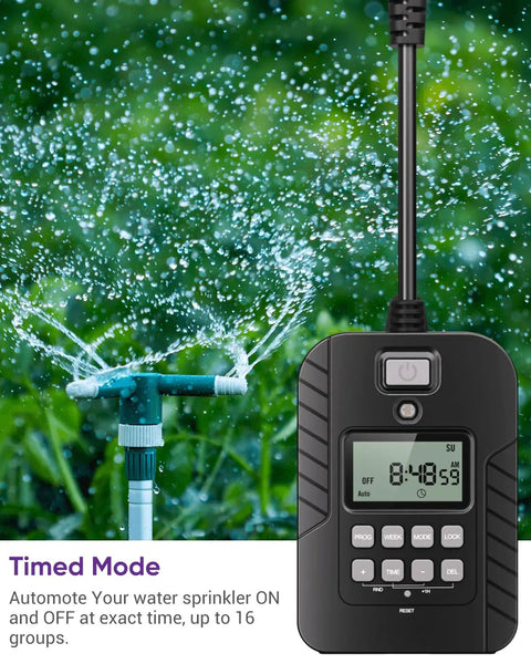 Rock Solid Outdoor Programmable Timer Featuring Weather Sealed Dual Grounded Outlets And Automatic Photocell Switches For Porch Lighting Run Two Gadgets At Once Zero Headaches Rain Or Shine Handles The Heavy Workload Daily with sprinkler, water droplets visible.
