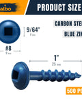 Beefy No. 8 X 1 Pocket Hole Screws, Zinc Coated Carbon Steel, Square Drive, 500 pcs, product size and dimensions