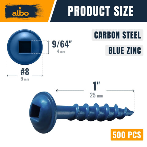 Beefy No. 8 X 1 Pocket Hole Screws, Zinc Coated Carbon Steel, Square Drive, 500 pcs, product size and dimensions