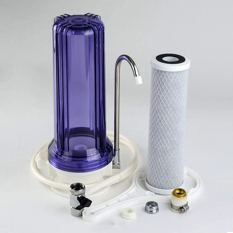 Replacement 5 Micron CTO Carbon Block Water Filter Cartridge 10 Inch By 2 And A Half Inch For Under Sink RO Filtration Systems Removes Up To 99 Percent Chlorine Odor And Taste, Protects Family, Appliances, And Ice Maker with housing, spout, and connectors
