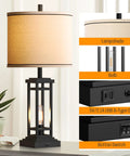 Set Of 2 Dope Farmhouse Table Lamps With USB Ports And Charge Jacks, 27.5 Inch Tall Bedside Lights, beige metal base, close-up details