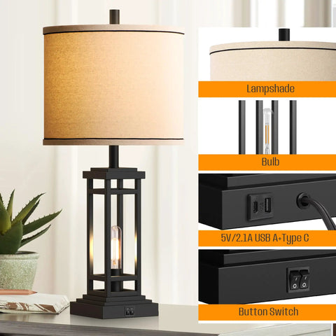 Set Of 2 Dope Farmhouse Table Lamps With USB Ports And Charge Jacks, 27.5 Inch Tall Bedside Lights, beige metal base, close-up details