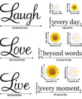 Motivational Daisy Sunflower Wall Decals Set Four Removable Vinyl Quote Stickers For Kitchen, Bedroom And Living Room Positive Sayings Wall Decor To Boost Home Vibes Live Laugh Love Phrase Art On 11x14.7 Inch Sheets showing 'Live Laugh Love' phrases with sunflower and daisy illustrations.