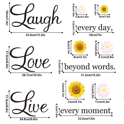 Motivational Daisy Sunflower Wall Decals Set Four Removable Vinyl Quote Stickers For Kitchen, Bedroom And Living Room Positive Sayings Wall Decor To Boost Home Vibes Live Laugh Love Phrase Art On 11x14.7 Inch Sheets showing 'Live Laugh Love' phrases with sunflower and daisy illustrations.