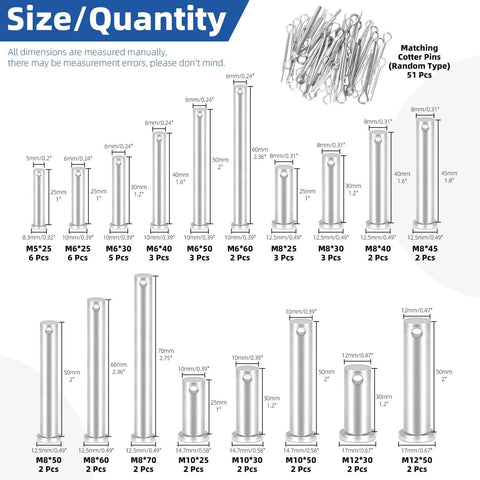 51-Piece Clevis Pins Set With 18 Sizes Flat Head Single Hole Zinc White Link Hinge Pins For Furniture, Hardware And DIY Projects.