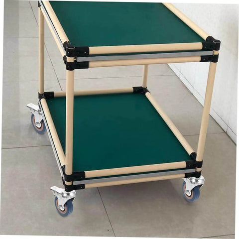 Premium M12x30 Stem PVC Swivel Caster Wheels With Brake 4 Pack attached to a two-tier cart with green surfaces.