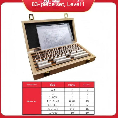 83 Piece Ceramic Rectangular Gauge Block Set Hella Accurate Grade One Inspection Tools For Micrometer And Caliper Calibration Built Tough For Router And Table Saw Maintenance in a wooden box with measurement chart.