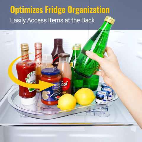 Refrigerator Lazy Susan Turntable Organizer 16.5 By 11 By 1.85 Inches Clear Plastic Tray in fridge with beverages and lemons