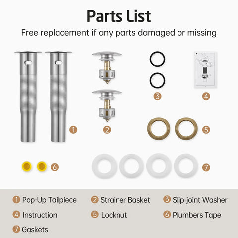 Pop Up Bathroom Sink Drain Stopper With Overflow Detachable Hair Catcher All Metal Rustproof 304 Stainless Steel Brushed Nickel Finish parts list