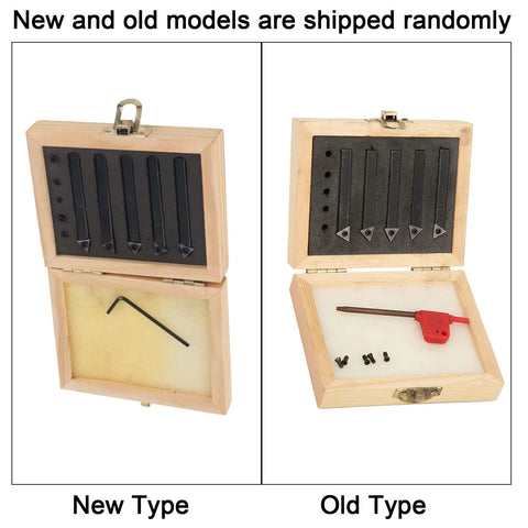 5-piece 1/4in indexable turning tool set with carbide inserts in a wooden case; includes hex key.