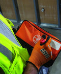 Worker holding Heavy Duty Tool Pouch With Dual Compartments For Quick Organization Of Meters Leads Sockets Wrenches And Small Parts