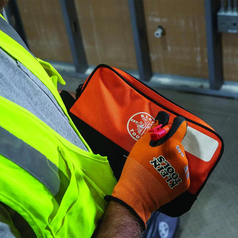 Worker holding Heavy Duty Tool Pouch With Dual Compartments For Quick Organization Of Meters Leads Sockets Wrenches And Small Parts