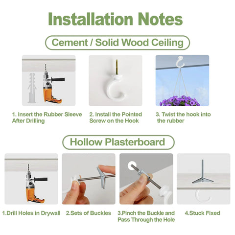 Installation guide for Top Notch Ceiling Hooks For Hanging Plants And Storage Gear Featuring Tough As Nails Steel Swag Hooks.