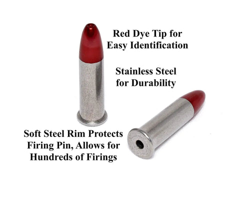22 Long Rifle Snap Caps Dummy Rounds Set of 12 Red Tip for Safe Loading Firing and Misfire Practice, stainless steel construction