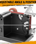 Hella Versatile Mini Belt Sander And Four In One Compact Grinder With Polishing Wheel And Sanding Disc For Knife Making Woodworking And Top Shelf Diy Repair Twenty By One Point Two Inch Belt showing adjustable angles and work tables.