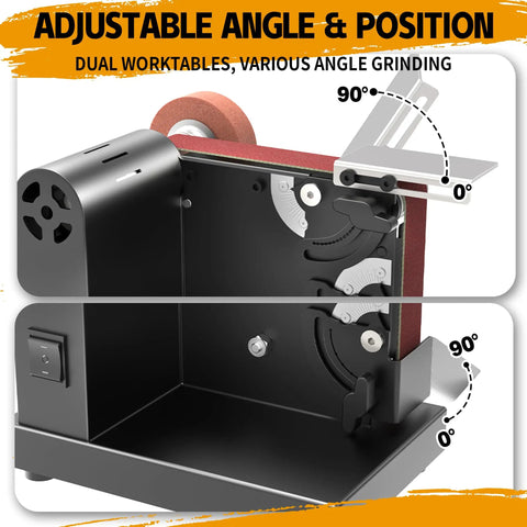 Hella Versatile Mini Belt Sander And Four In One Compact Grinder With Polishing Wheel And Sanding Disc For Knife Making Woodworking And Top Shelf Diy Repair Twenty By One Point Two Inch Belt showing adjustable angles and work tables.