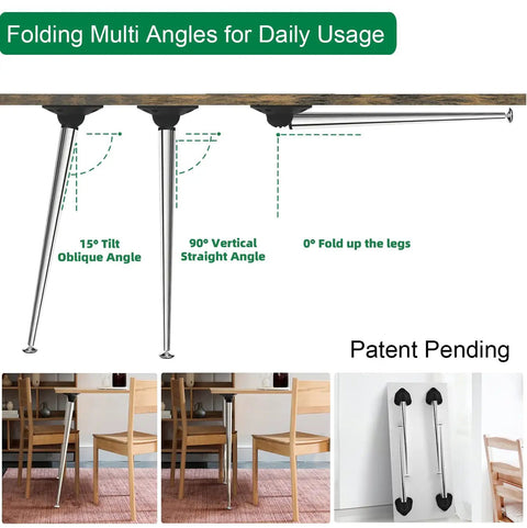 Sturdy As Heck 28 Inch Folding Table Legs Set Of 4 Chrome Metal Collapsible DIY Furniture Legs shown at different angles under a table.