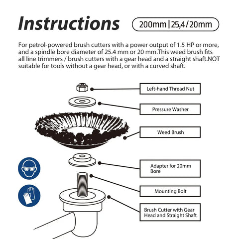 Diagram of 8 Inch Universal Weed Brush Cutter Trimmer Head for Straight Shaft with labeled parts and installation instructions.