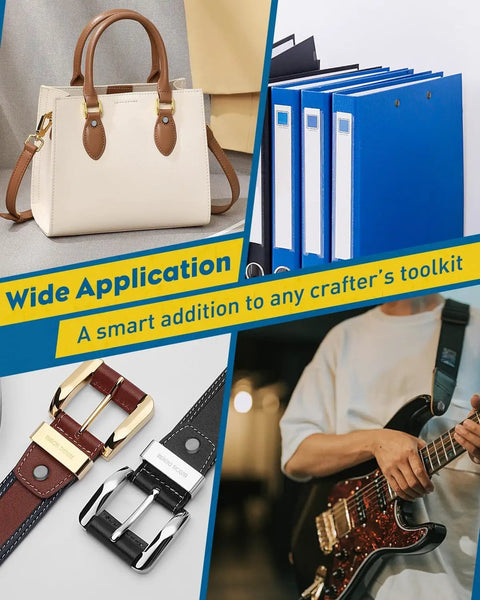 Badass Leather Chicago Screw Kit With 110 Set M5 And M4 Rivets Comes With Awl And Screwdriver For Bookbinding And Leatherwork Heavy Duty Carbon Steel Construction displayed with crafting tools and a handbag.