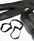 Heavy Duty Scuba Tank Band And Retainer Strap With Portable Handle displayed with diving suit and equipment on white surface.